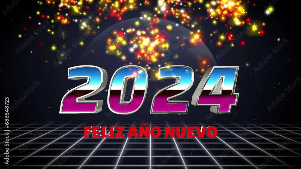 Feliz año 2024 estilo retro, luces de colores, años 80