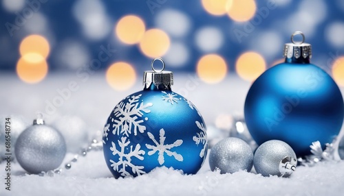 Blue christmas balls with snowflakes on bokeh background