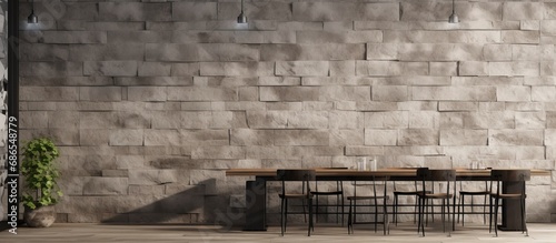 Caf or restaurant with a loft style design featuring rough cement walls photo
