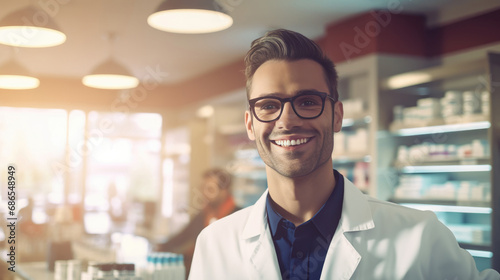 Courteous smiling male pharmacist in white coat assists clients in pharmacy providing advice and help with medications, knowledgeable pharmacist care of customers health photo