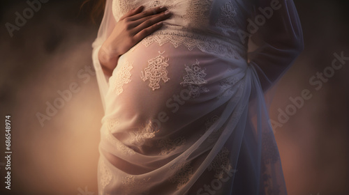Close up view to woman hands gently cradling her pregnant belly amidst misty fog symbolizes tender connection between mother and her unborn child, tender joy of motherhood