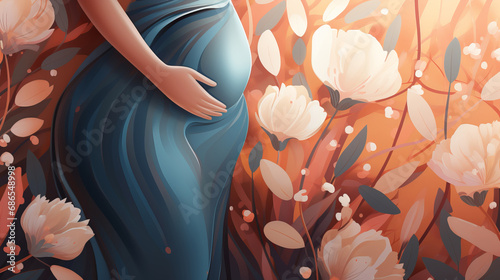 Pregnant woman holds her belly in dreamlike enchanting flower garden exudes joy of motherhood, radiating tenderness and femininity, profound connection between mother and her unborn child