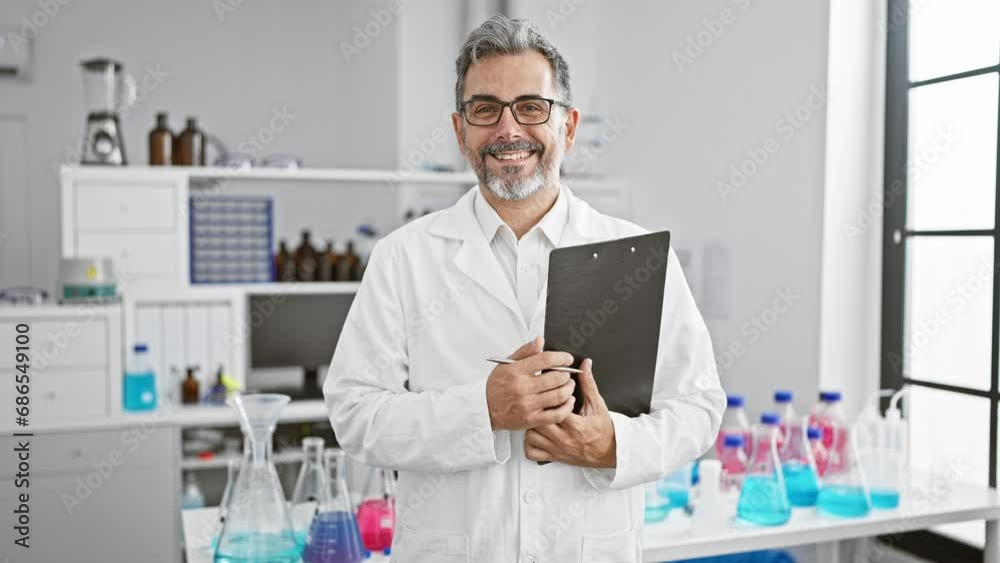 Young hispanic grey-haired man scientist smiling confident holding clipboard at laboratory Young hispanic grey-haired man scientist smiling confident holding clipboard at laboratory