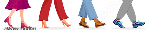 Set of colored female and male feet walking in a cartoon style. Vector illustration of female legs in a dress, pants with shoes, on heels and male legs in jeans with boots, sweatpants, sports shoes .