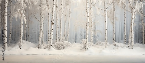 Artificial snow covered birch trees placed against a backdrop © Lasvu