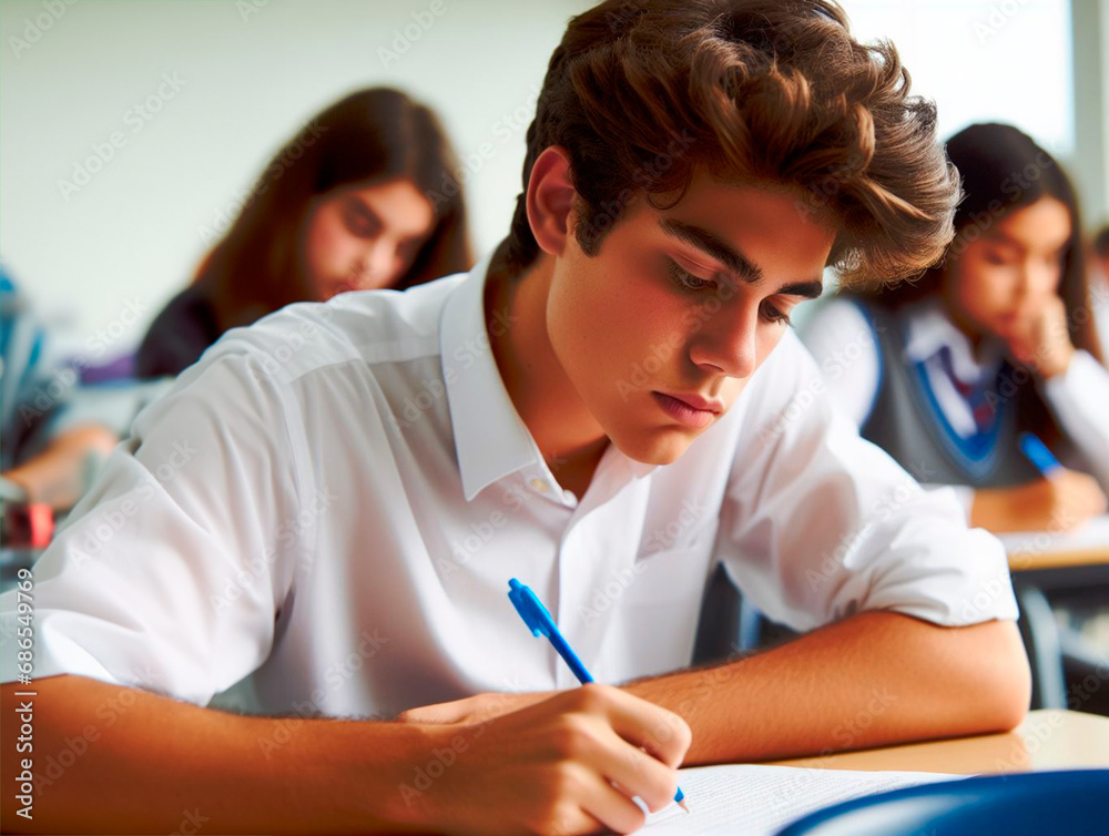 Estudiante latino de preparatoria realizando examen en salón de clases. Bachillerato Estudiante latino de preparatoria realizando examen en salón de clases. Bachillerato