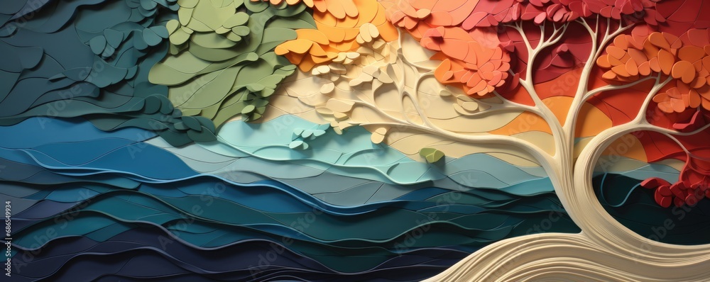 Paper Art Autumn Trees Waves Abstract 3D Design.