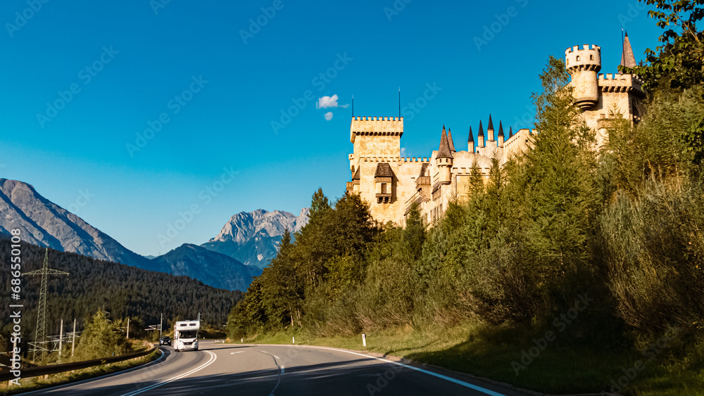 Alpine summer view with a castle near Scharnitz, Innsbruck, Tyrol, Austria