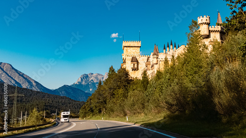 Alpine summer view with a castle near Scharnitz  Innsbruck  Tyrol  Austria