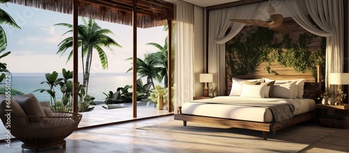 Luxury tropical bedroom suite depicted in at a resort hotel