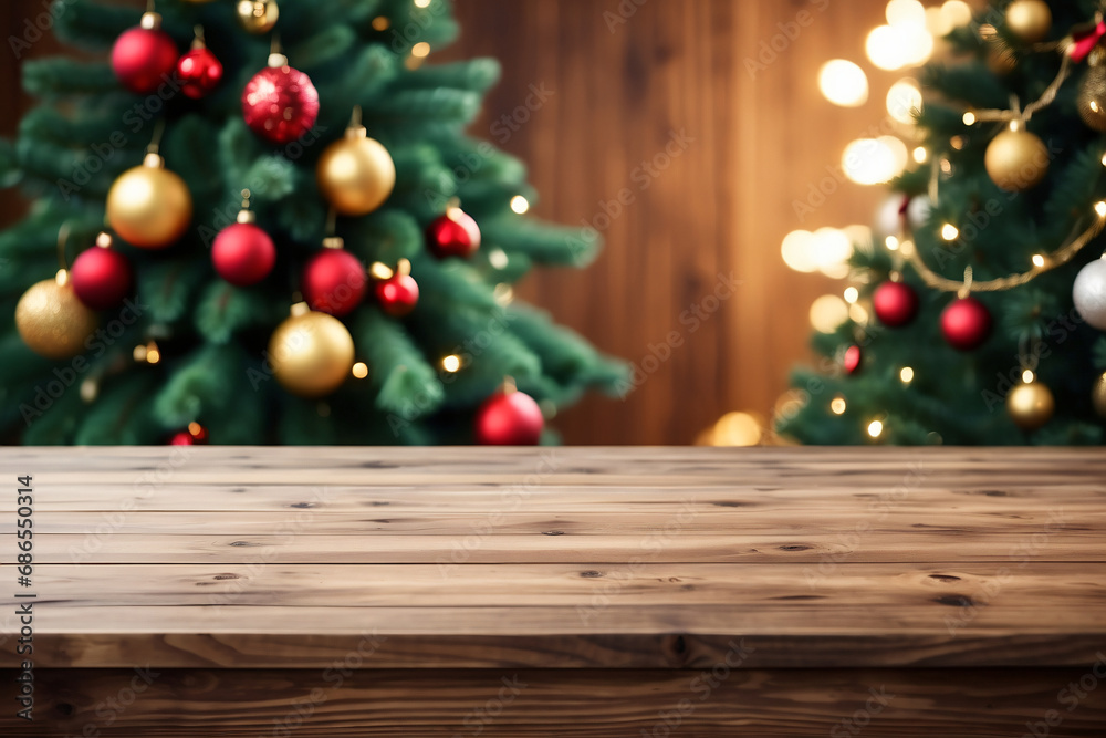 Product display mockup featuring a wooden table top with a festive Christmas tree background.