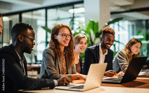 young workpeople in office looking at laptop photo