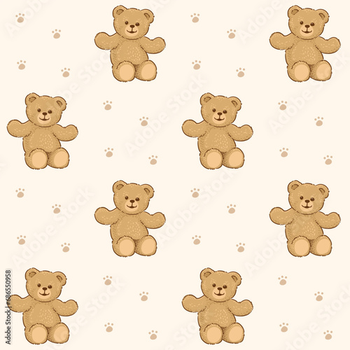 Teddy Bear pattern cartoon style with pastel background color, adorable, cute, and funny