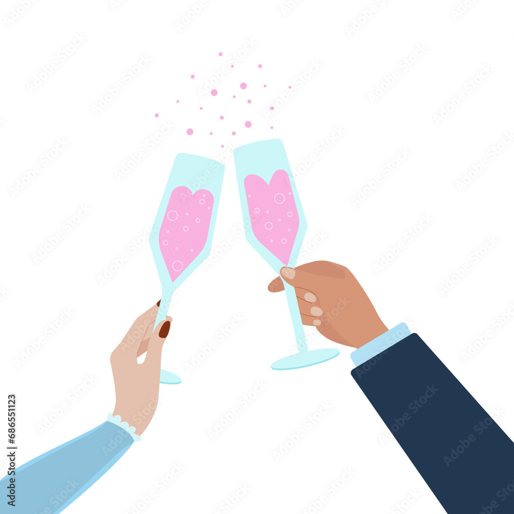 hands clinking holding two wine glass heart. valentines day vector illustration isolated on white background. carbonated beverages hands clinking holding two wine glass heart. valentines day vector illustration isolated on white background. carbonated beverages