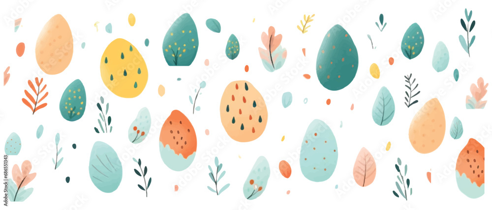 Easter eggs and patterns In the style of naive art composition, leaf pattern on a white background. Easter eggs and patterns In the style of naive art composition, leaf pattern on a white background.