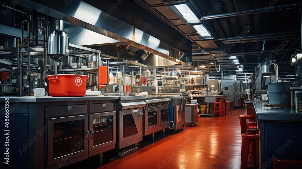 Modern Professional Commercial Kitchen with Equipment.