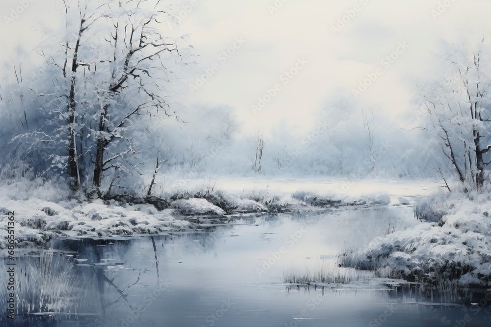 A monochromatic blue painting of a winter landscape with generative ai A monochromatic blue painting of a winter landscape with generative ai