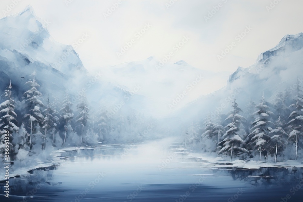 A monochromatic blue painting of a winter landscape with generative ai