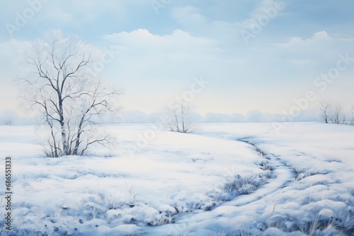 A monochromatic blue painting of a winter landscape with generative ai