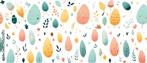 Easter eggs and patterns In the style of naive art composition, leaf pattern on a white background.