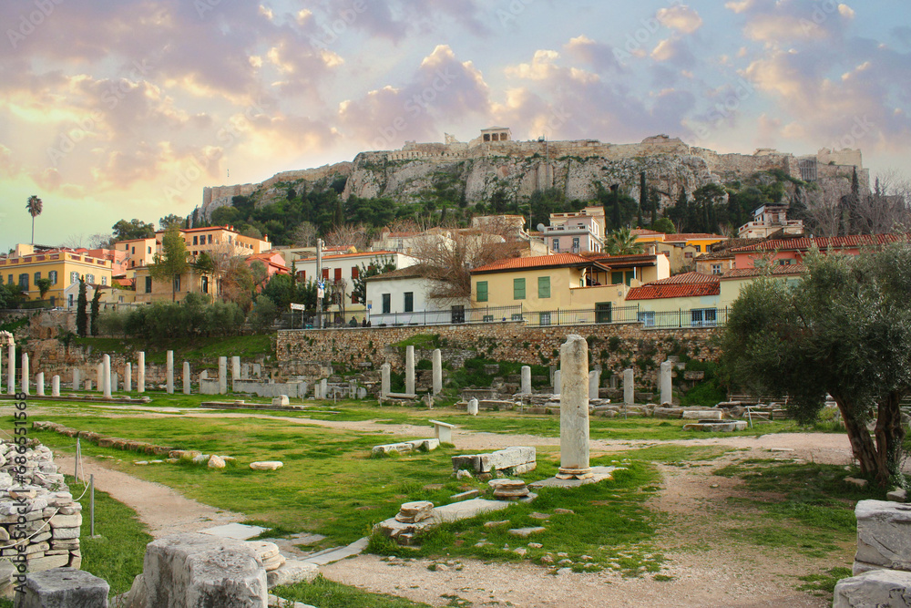 View of the Acropolis from Plaka in Athens, Greece