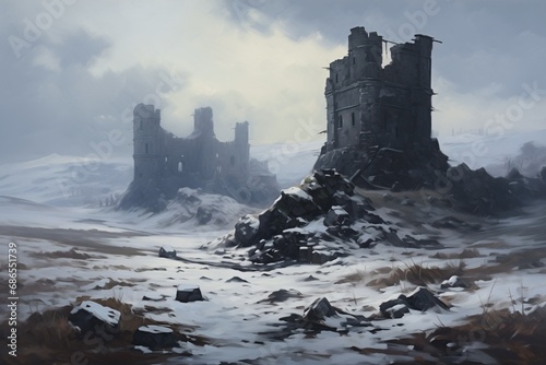Fantasy stone castle fortress long abandoned and in ruins - freezing cold winter snow mountain highlands - role playing RPG landscape painted scene.    
