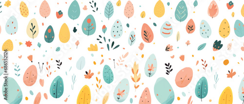 Easter eggs and patterns In the style of naive art composition, leaf pattern on a white background.