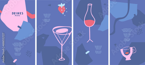 Vector drinks menu design template. Coffee. Wine. Cocktail. Set. For art template design, list, banner, booklet, flyer, card, poster. Abstract shape and lines. Pink and blue colors. For bar, cafe.