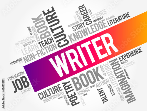 Writer is a person who uses written words in different writing styles and techniques to communicate ideas, word cloud concept background