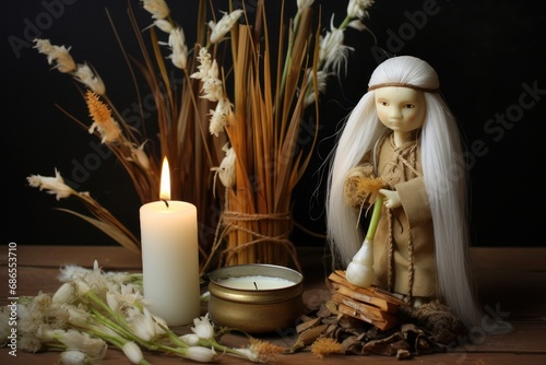 Celebration of Imbolc, a corn husk doll, white flowers, a bowl of milk, and candles. Pagan holiday in February
