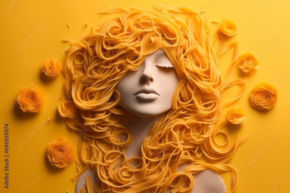 A portrait of a young woman made of various types of pasta, and spaghetti, showcasing creative culinary food art and a unique approach to portraiture.