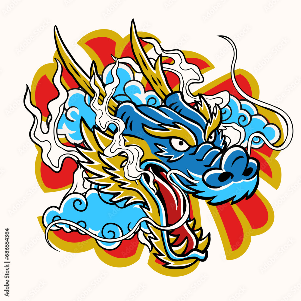 Aggressive Dragon Colored Tattoo Illustration in Old School Style