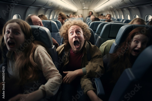 Chaos Unleashed as Passengers React to Airplane Turbulence in a Plane. Ai generated