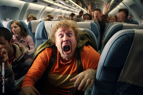Chaos Unleashed as Passengers React to Airplane Turbulence in a Plane. Ai generated © twindesigner