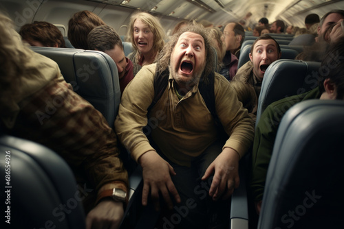 Chaos Unleashed as Passengers React to Airplane Turbulence in a Plane. Ai generated photo