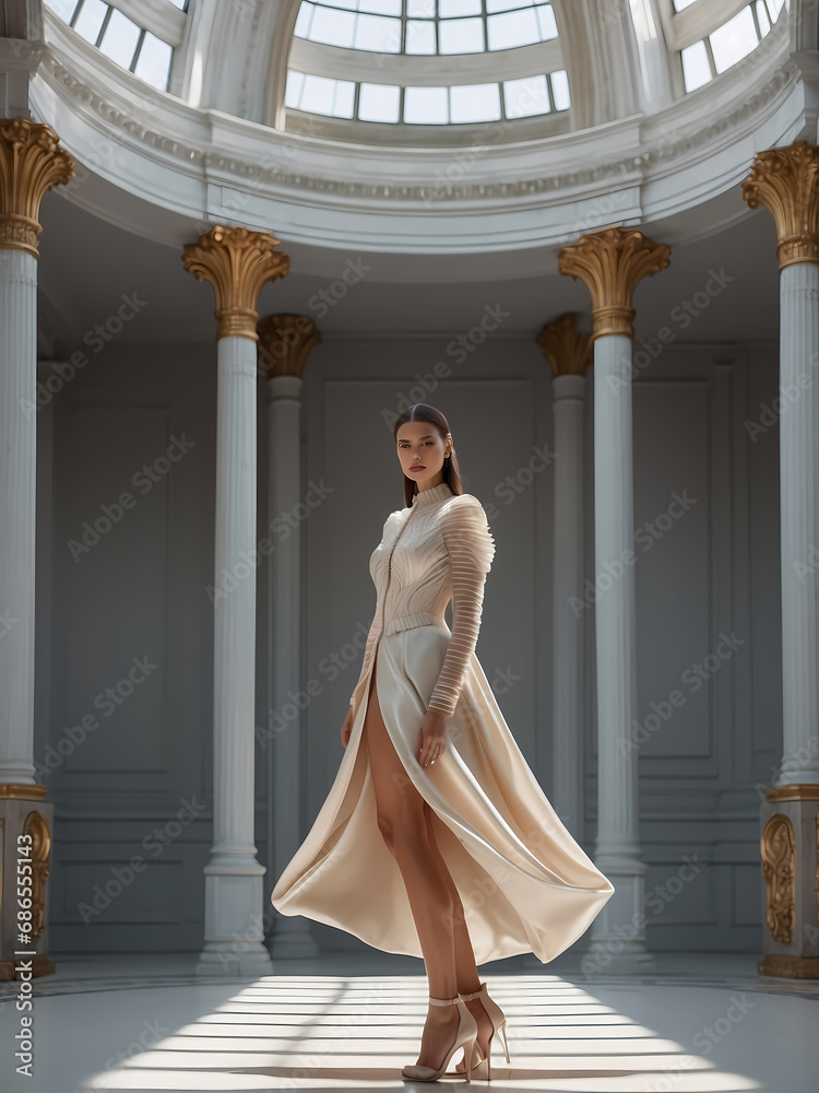 Fototapeta premium Three quarter front shot of lady in a jumpsuit. The jumpsuit is made of glossy fabric with long sleeves. The model looks directly into the camera.