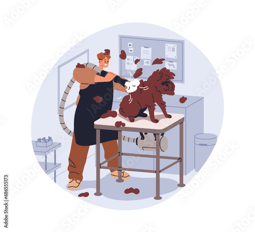 Grooming dog in canine beauty salon. Express shedding, molting with vacuum blow dryer. Groomer removing doggies fur, hair, shaggy coat. Flat graphic vector illustration isolated on white background