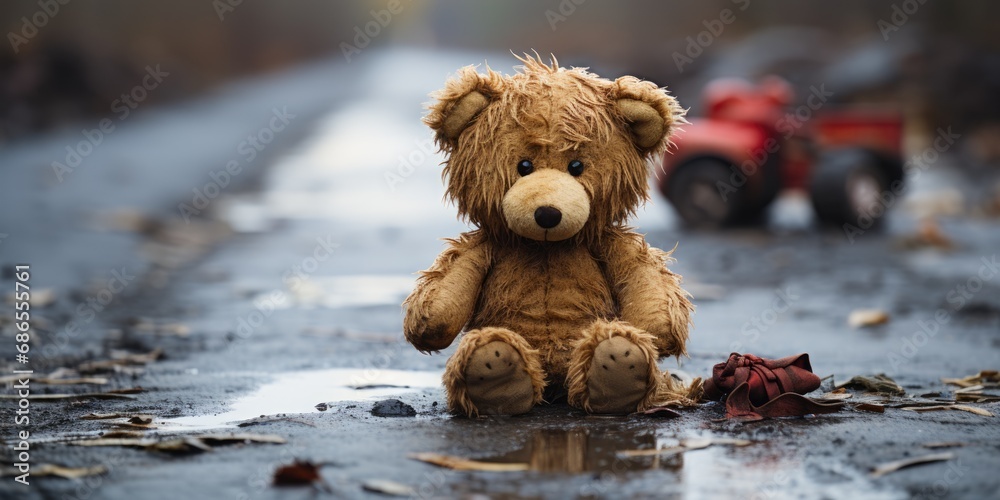 Dirty teddy bear toy lies outdoors on the road. AI Generated Dirty teddy bear toy lies outdoors on the road. AI Generated