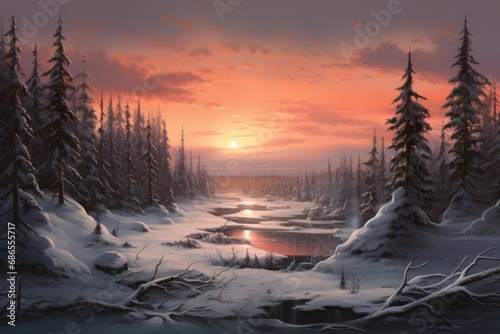 Winter solstice landscape, yule pagan holiday on longest night in December. Winter snowy forest illustration in moody vibe.