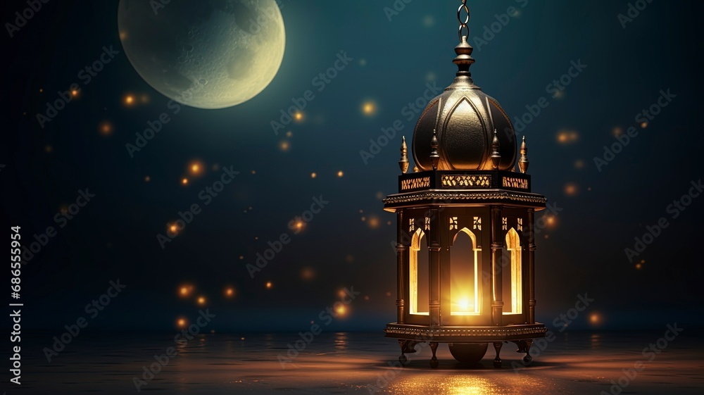 Ramadan kareem islamic mosque lantern with moon, Eid mubarak greeting, copy space with generative ai
