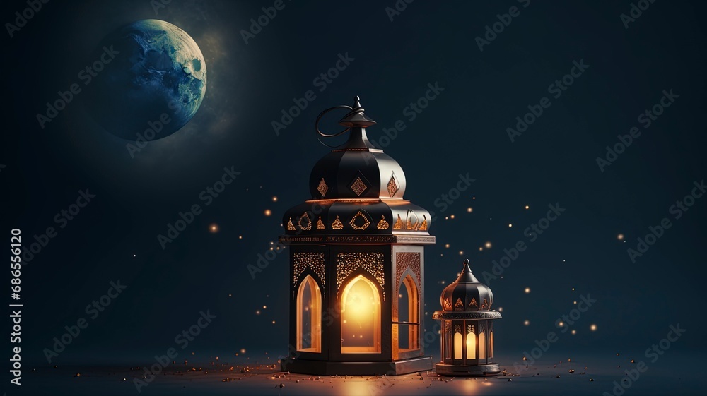 Ramadan kareem islamic mosque lantern with moon, Eid mubarak greeting, copy space with generative ai