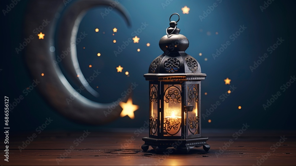 Ramadan kareem islamic mosque lantern with moon, Eid mubarak greeting, copy space with generative ai Ramadan kareem islamic mosque lantern with moon, Eid mubarak greeting, copy space with generative ai