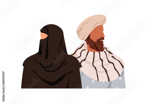 Muslim Arab couple. Arabian man in turban, woman in hijab. Arabic people in h...
