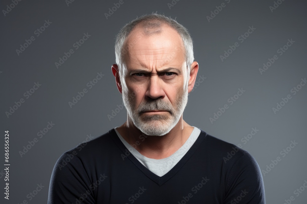 A serious and sad senior Caucasian man with a harsh expression, conveying a dramatic and thoughtful mood in a studio portrait. A serious and sad senior Caucasian man with a harsh expression, conveying a dramatic and thoughtful mood in a studio portrait.