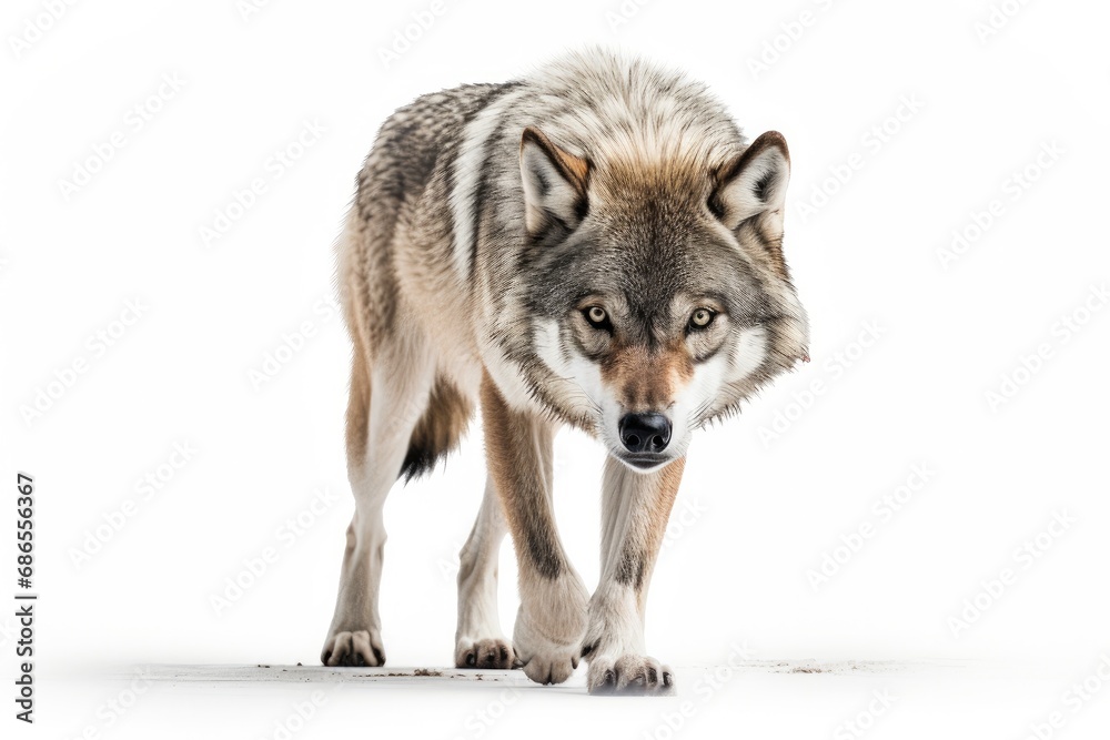 Obraz premium Lone gray wolf, a symbol of untamed wilderness, standing in winter snow, fierce and beautiful.
