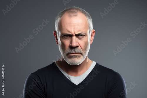 A serious and sad senior Caucasian man with a harsh expression, conveying a dramatic and thoughtful mood in a studio portrait. © Andrii Zastrozhnov