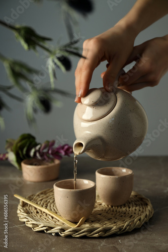 Photography Asian tea concept, traditional dishes on a light background.
