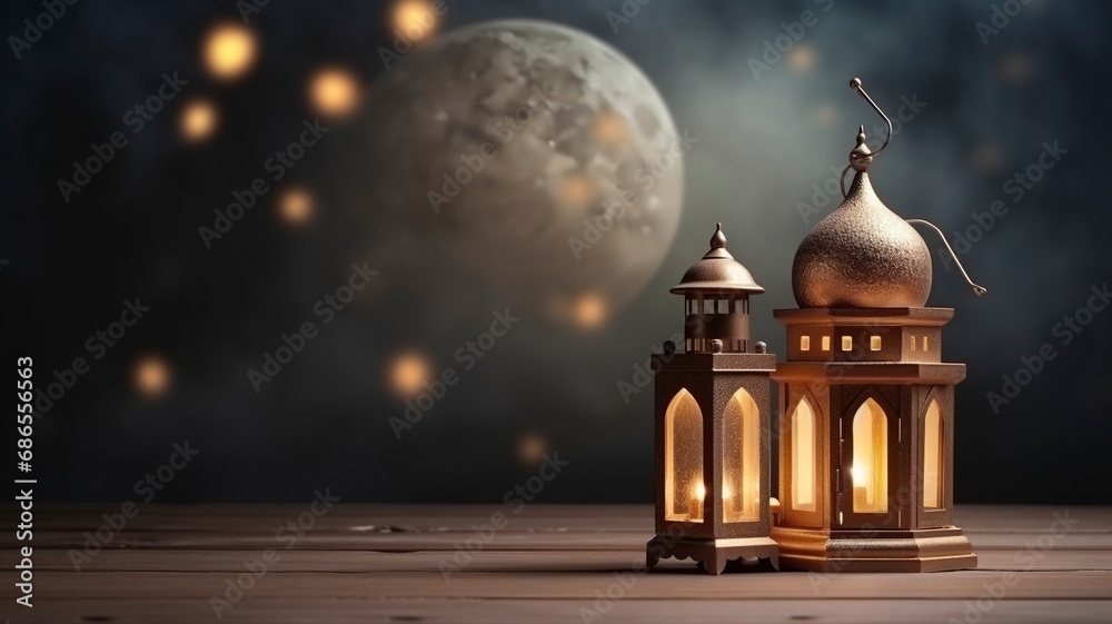 Fototapeta premium Ramadan kareem islamic mosque lantern with moon, Eid mubarak greeting, copy space with generative ai