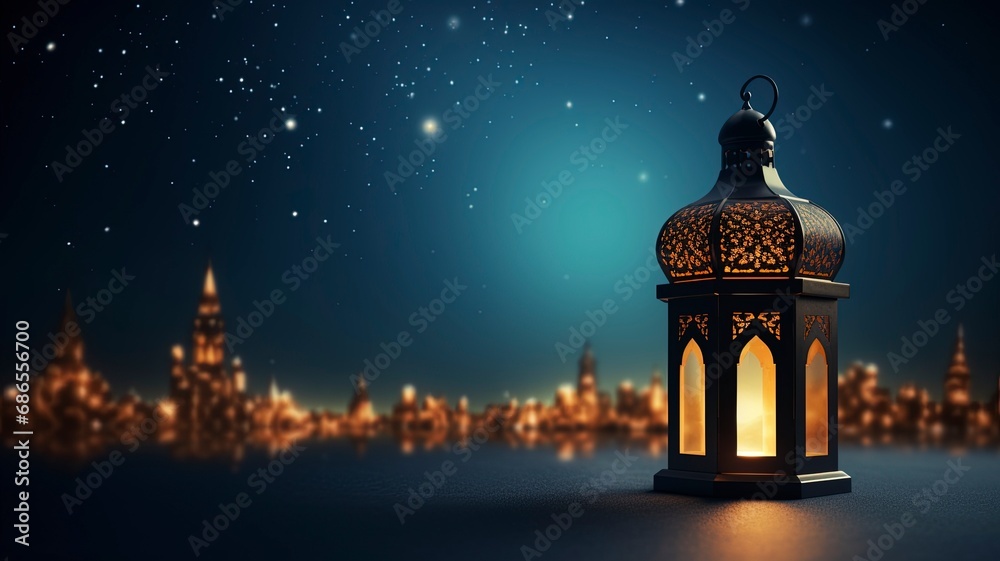 Ramadan kareem islamic mosque lantern with moon, Eid mubarak greeting, copy space with generative ai Ramadan kareem islamic mosque lantern with moon, Eid mubarak greeting, copy space with generative ai