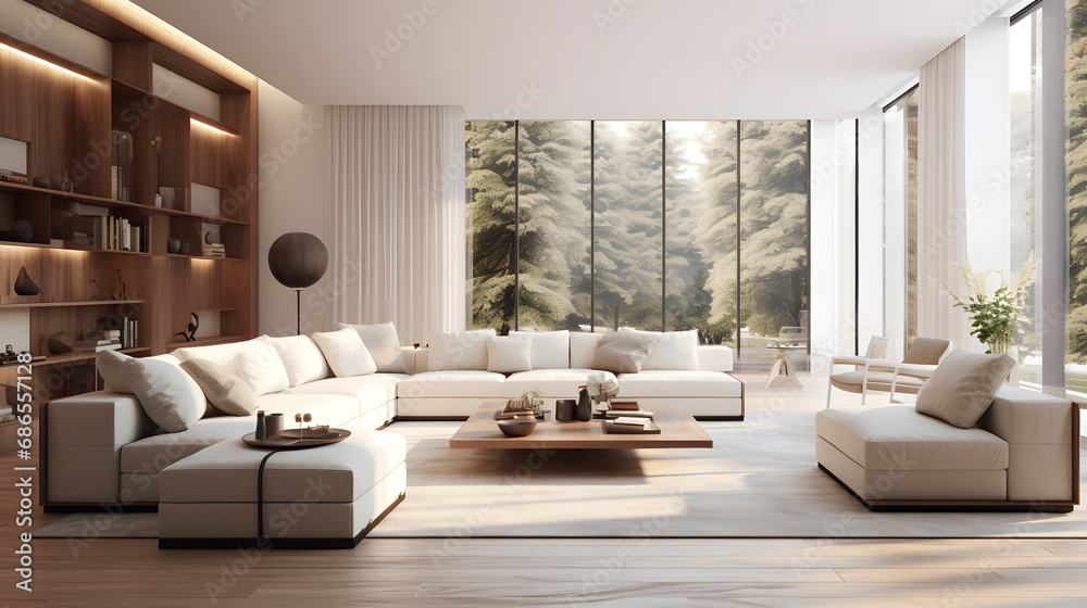 Interior of modern living room panorama 3d rendering. generative ai.